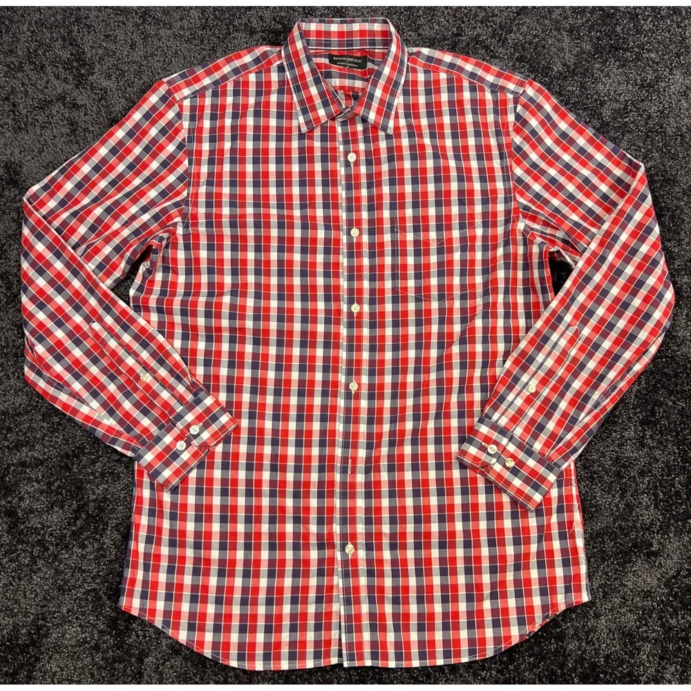 Mens Banana Republic Tailored Slim Fit Non Iron Red Blue Plaid Shirt No Size Tag